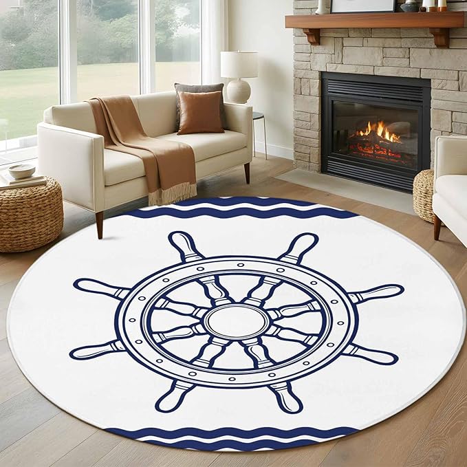 Washable Round Area Rug Summer Marine Nautical Ship Rudder Circle Rugs Floor Carpet for Living Room Bedroom, Ocean Theme Navy Blue White Soft Non Slip Round Rug 5ft