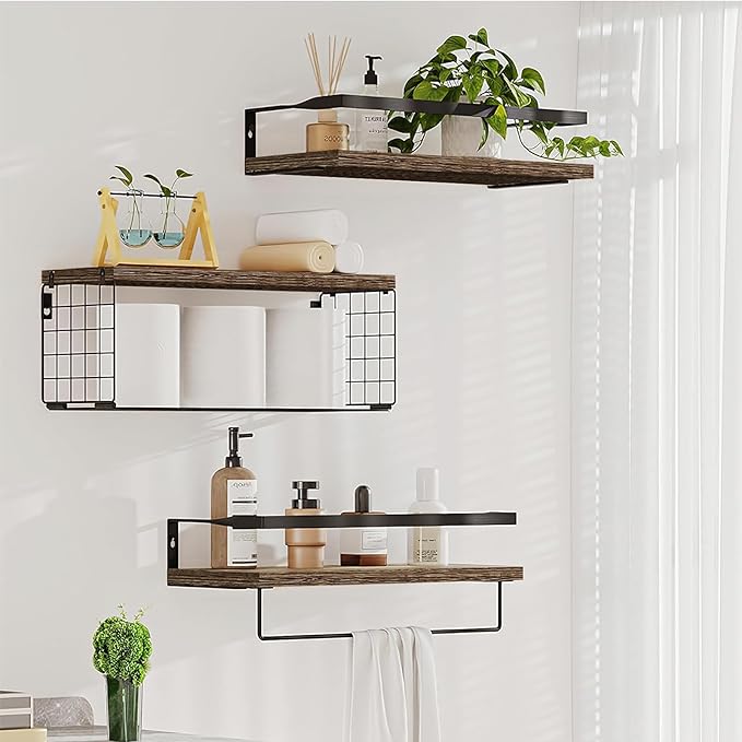 Upgrade Towel Racks for Bathroom Wall Mounted, 3 Pack Floating Shelves with Storage Basket, Bathroom Organizes, Wall Mounted Rustic Wood Shelves for Bedroom, Living Room, Kitchen (Brown)