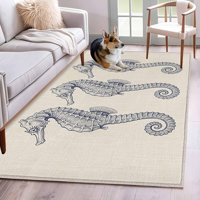 Area Rug 4x6ft, Marine Life Seahorse on Burlap Washable Rugs for Living Room Bedroom, Farmhouse Ocean Theme Soft Non-Slip Area Rugs Rectangle Floor Carpet for Dining Room