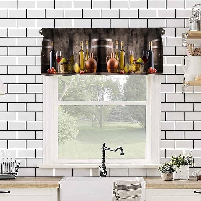 Vintage Wine Kitchen Valance, Farm Country Wine Barrel Grape Rustic Cellar Decor Short Window Treatment for Dining Resturant Party Decoration, 54x18Inch