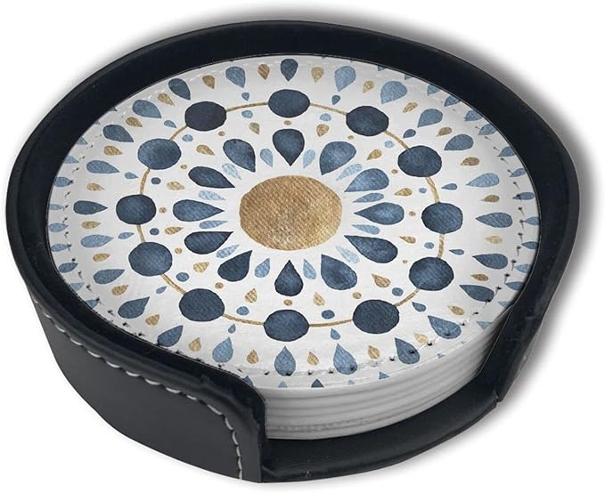 Moon Blue Gold Mandala Watercolor Leather Drinks Coasters with Holder Set of 6, Suitable for Kinds of Cups