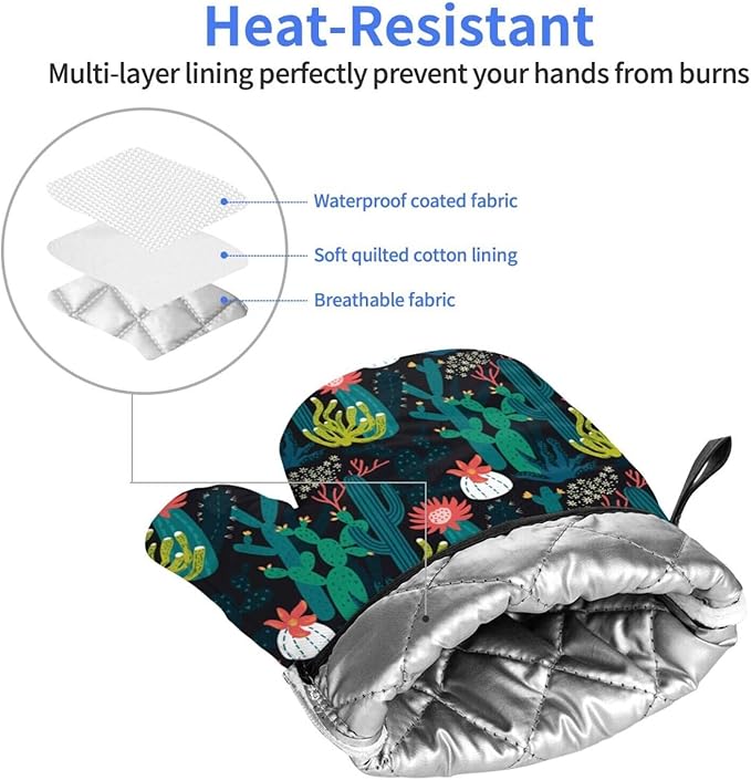 Green Cactus Oven Mitts of 2-Pack Set, Funny Kitchen Gloves Heat Resistant Non-Slip Kitchen Mitts for Cooking Baking Grilling