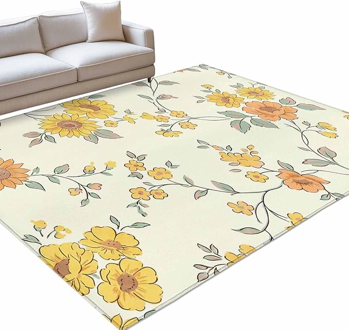 Area Rug 3x5ft, Orange Yellow Flowers Wild Vines Washable Rugs for Living Room Bedroom, Watercolor Floral Soft Non-Slip Area Rugs Rectangle Floor Carpet for Dining Room