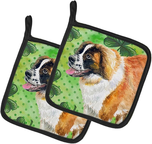 Caroline's Treasures BB9853PTHD Saint Bernard St Patrick's Pair of Pot Holders, Green Kitchen Heat Resistant Pot Holders Sets Oven Hot Pads for Cooking Baking BBQ, 7 1/2 x 7 1/2