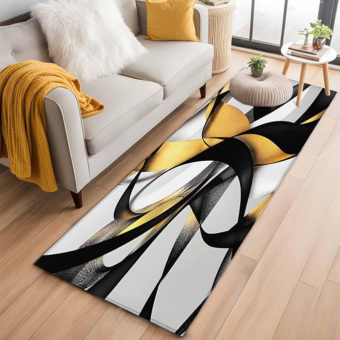 Runner Rug for Bedroom Hallway, Modern Geometric Stripe Texture Kitchen Runner Rugs Area Rug 2x6ft, Abstract Gold Black White Line Washable Soft Floor Carpet for Entryway Stair