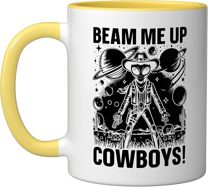 Alien Lover Flying Saucer UFO Extraterrestrial Cowboy Ceramic Mug, Yellow/White