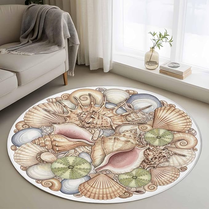 Washable Round Area Rug Coastal Colorful Shell Conch Circle Rugs Floor Carpet for Living Room Bedroom, Modern Abstract Art Soft Non Slip Round Rug 4ft
