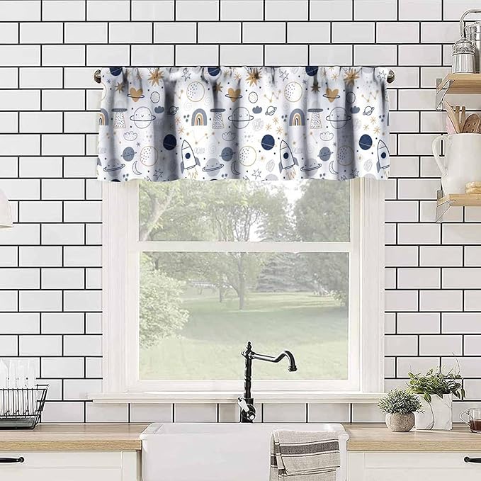 Kids Cartoon Space Valance, Cute Rainbow Planet Stars Rocket Moon Short Window Treatment for Kitchen Bedroom Living Room Nursery Decor, 54x18Inch