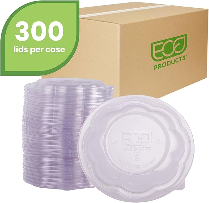 Eco-Products Compostable 24-48oz Salad Bowl Lids, Case of 300, Fits 24-48oz Round To Go Containers, Renewable PLA Material Made from Plants, Cold Foods, Clear, ASTM Compliant, BPI-Certified