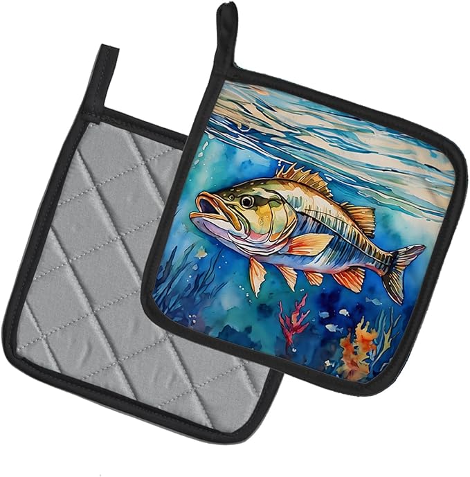Caroline's Treasures Striped Bass Pair of Pot Holders Kitchen Heat Resistant Pot Holders Sets Oven Hot Pads for Cooking Baking BBQ, 7 1/2 x 7 1/2