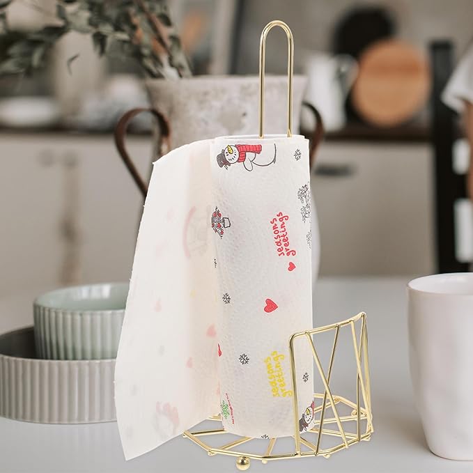 Freestanding Paper Towel Holder Iron Stand Kitchen Roll Paper Shelf Gold Metal Countertop Tissue Rack for Home and Commercial Use