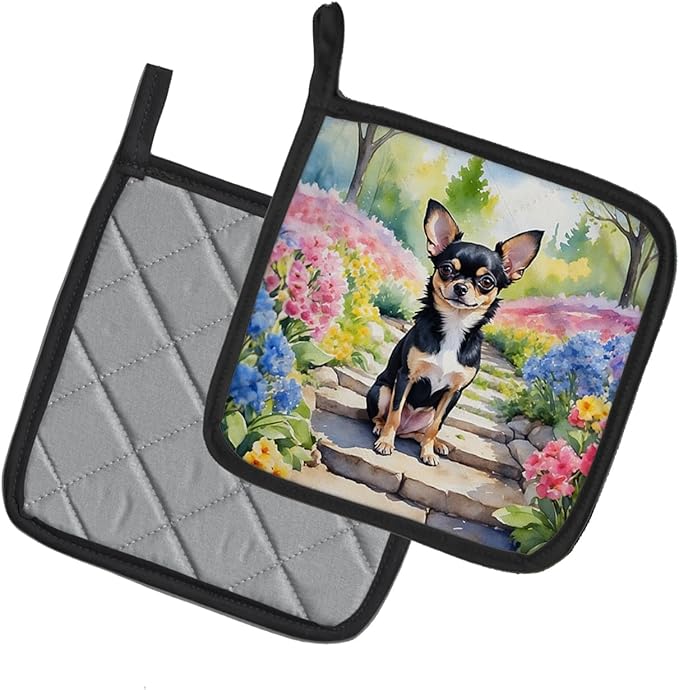 Caroline's Treasures Chihuahua Spring Path Pair of Pot Holders Kitchen Heat Resistant Pot Holders Sets Oven Hot Pads for Cooking Baking BBQ, 7 1/2 x 7 1/2