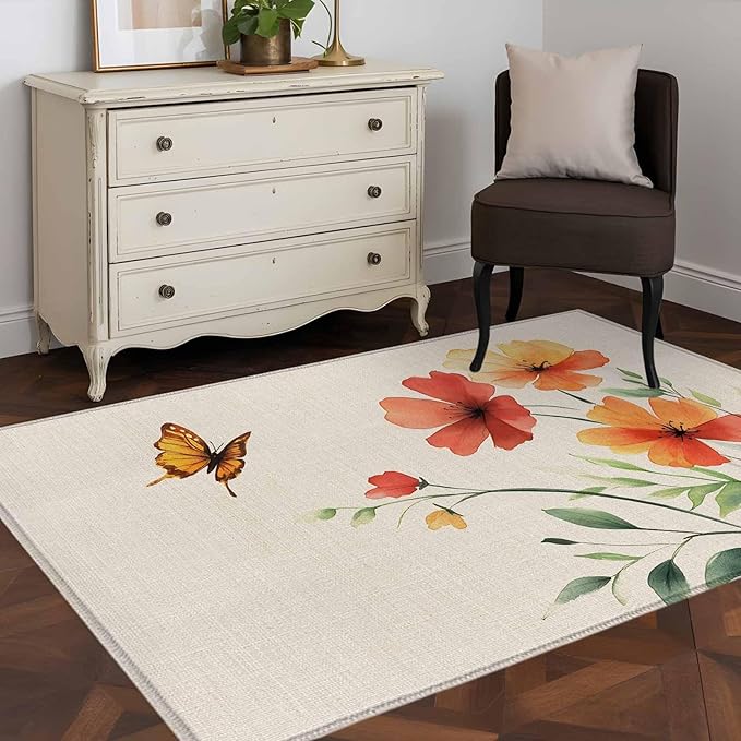 Area Rug 4x6ft, Summer Watercolor Flower Butterfly Washable Rugs for Living Room Bedroom, Green Leaves Retro Linen Soft Non-Slip Area Rugs Rectangle Floor Carpet for Dining Room