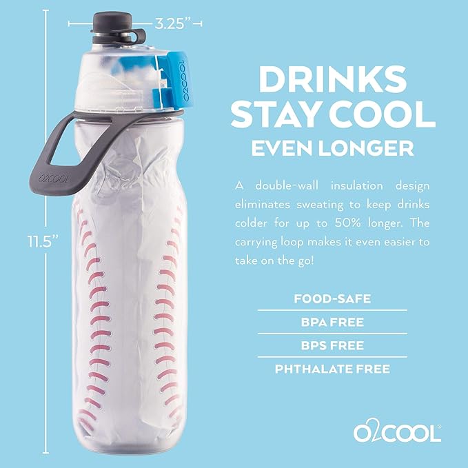 O2COOL Mist 'N Sip Misting Water Bottle 2-in-1 Function With No Leak Pull Top Spout Sports Reusable Water Bottle - 20 oz (2 Pack Baseball)