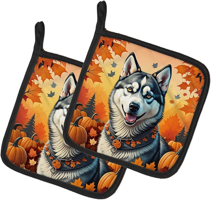 Caroline's Treasures DAC1074PTHD Siberian Husky Fall Pair of Pot Holders Kitchen Heat Resistant Pot Holders Sets Oven Hot Pads for Cooking Baking BBQ, 7 1/2 x 7 1/2