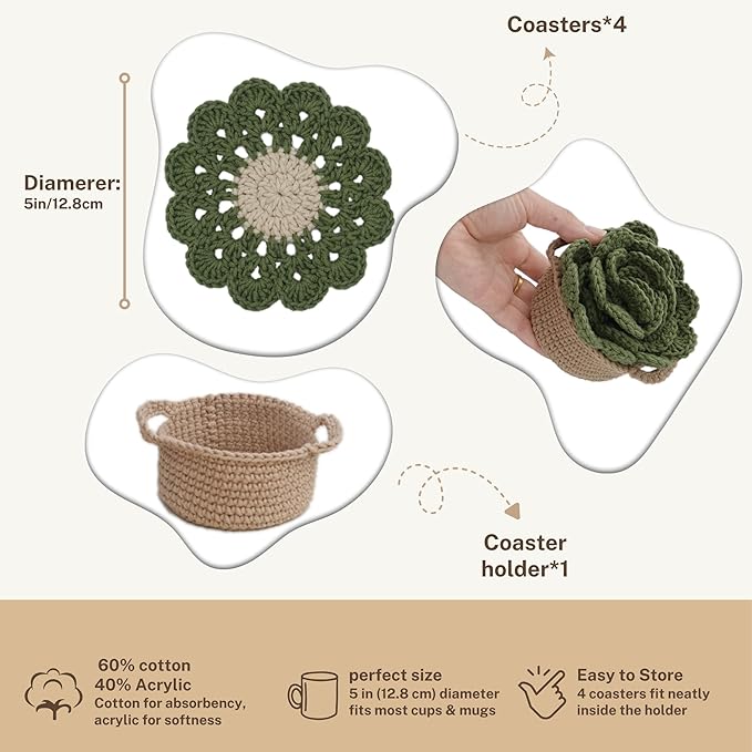 DICHA Crochet Leaf Pot Coasters-Container Beverage Coaster Sets with Holder Bar Coasters for Drinks Coffee Table Desk-Succulent Plant Pot Coaster-Set of 5
