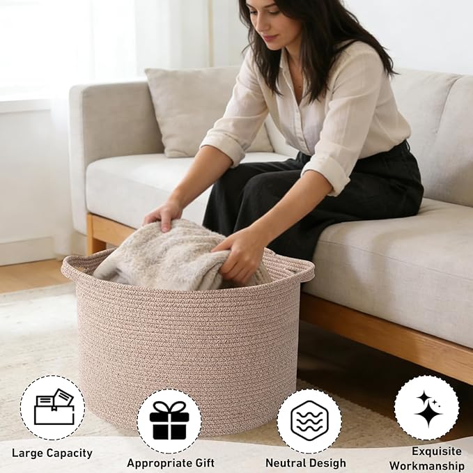 65L Large Blanket Basket,Woven Rope Laundry Basket Hamper with Handles,Decorative Nursery Basket Storage Bin for Toys, Pillows , Clothes Organizer, Living Room, Bedroom, Bathroom, Brown