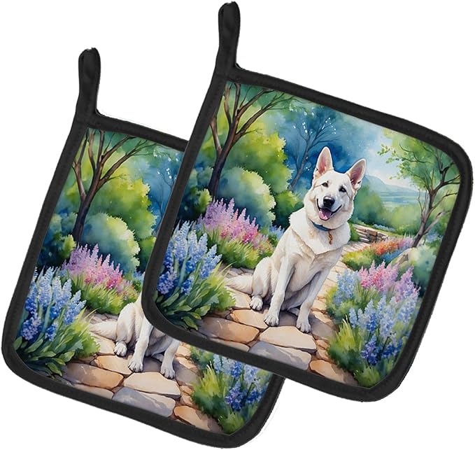 Caroline's Treasures German Shepherd Spring Path Pair of Pot Holders Kitchen Heat Resistant Pot Holders Sets Oven Hot Pads for Cooking Baking BBQ, 7 1/2 x 7 1/2