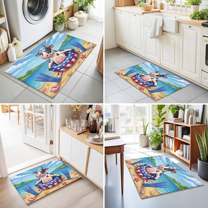 Area Rug 2x3ft, Summer Beach Snorkeling Cow Washable Rugs for Living Room Bedroom, Ocean Starfish Funny Animal Art Soft Non-Slip Area Rugs Rectangle Floor Carpet for Dining Room
