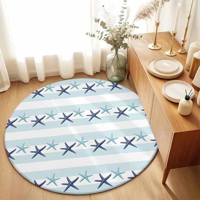 Washable Round Area Rug Summer Coastal Starfish Blue Teal Circle Rugs Floor Carpet for Living Room Bedroom, Watercolor Ocean Theme Stripe Soft Non Slip Round Rug 5ft