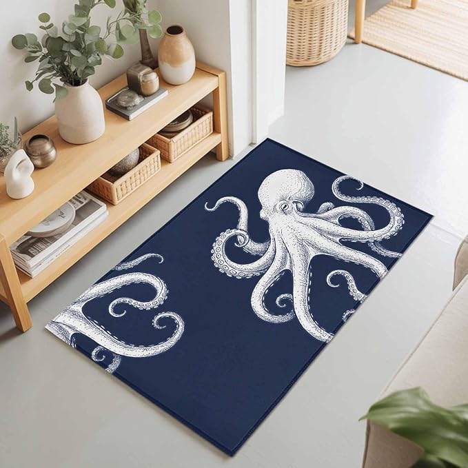 Area Rug 2x3ft, Underwater Ocean Giant Octopus Washable Rugs for Living Room Bedroom, Navy Blue White Marine Life Soft Non-Slip Area Rugs Rectangle Floor Carpet for Dining Room