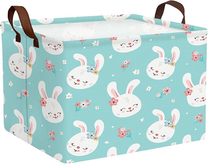 Kid Large Empty Easter Basket Gift Personalized Fabric Bunny Easter Basket for Boy and Girl Room Decor Storage Bin (Happy Rabbit Flower Blue)