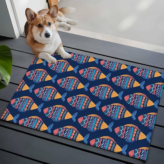 Area Rug 2x3ft, Ethnic Style Ocean Fish Washable Rugs for Living Room Bedroom, Watercolor Marine Life on Navy Blue Soft Non-Slip Area Rugs Rectangle Floor Carpet for Dining Room