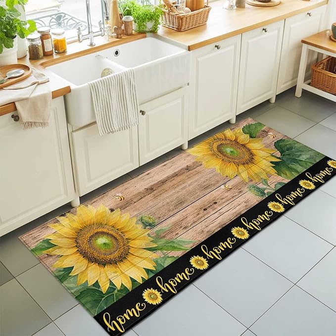 Runner Rug for Bedroom Hallway, Summer Sunflowers Bees Kitchen Runner Rugs Area Rug 2x6ft, Farmhouse Wood Background Washable Soft Floor Carpet for Entryway Stair