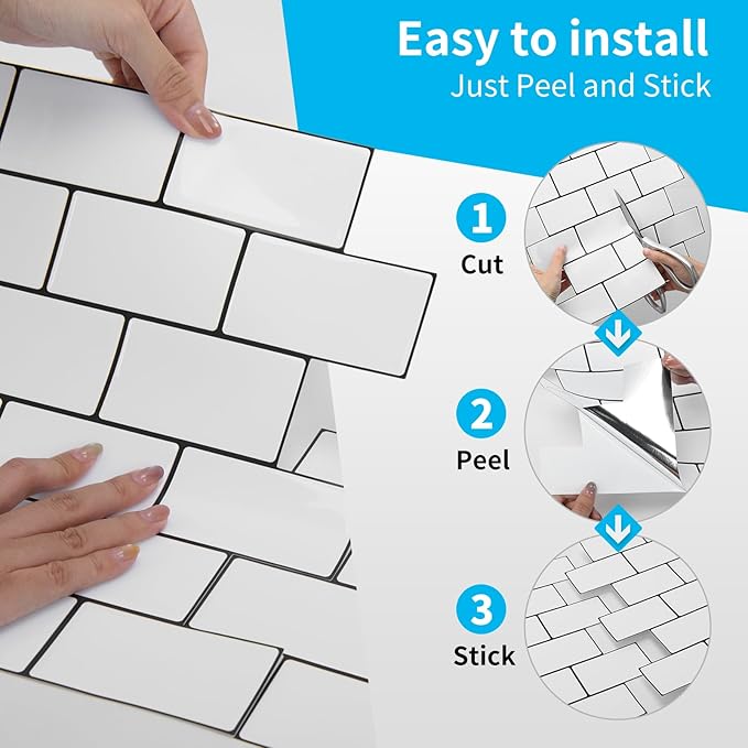 Art3d 10-Sheet Peel and Stick Backsplash Tile, Vinyl Stick on Wall Tile for Kitchen Bathroom Laundry Room, Subway Design 12" x 12" - White with Black Grout
