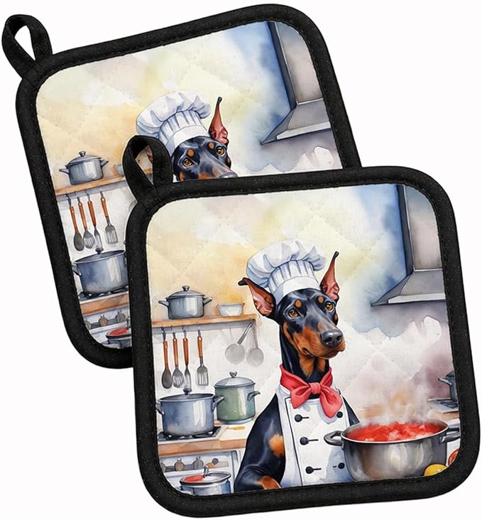 Caroline's Treasures Doberman Pinscher The Chef Pair of Pot Holders Kitchen Heat Resistant Pot Holders Sets Oven Hot Pads for Cooking Baking BBQ, 7 1/2 x 7 1/2