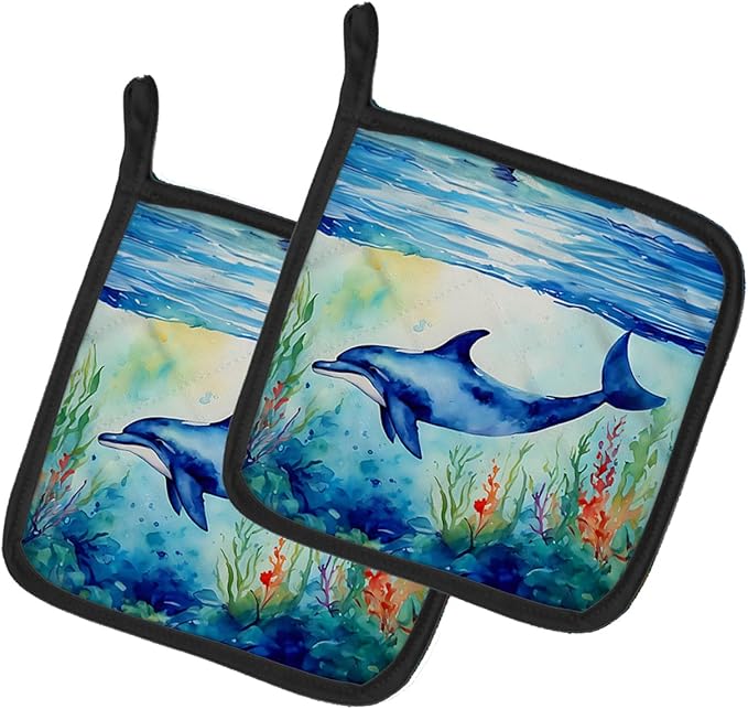 Caroline's Treasures Dolphin Pair of Pot Holders Kitchen Heat Resistant Pot Holders Sets Oven Hot Pads for Cooking Baking BBQ, 7 1/2 x 7 1/2