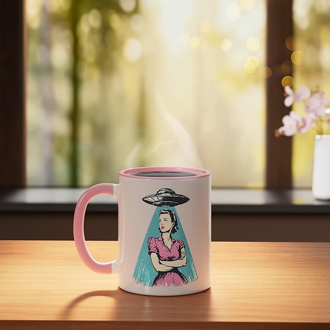 Retro 1950s UFO Pinup Woman Sci Fi Alien Design Ceramic Mug, Pink/White