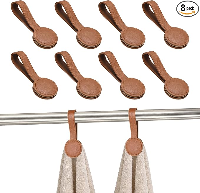 uxcell 8 Pcs Kitchen Magnetic Towel Clips, Leather Towel Holder Clip Multi-Purpose Hand Hooks Kitchen Accessories for Oven Handles Bars Racks, Brown