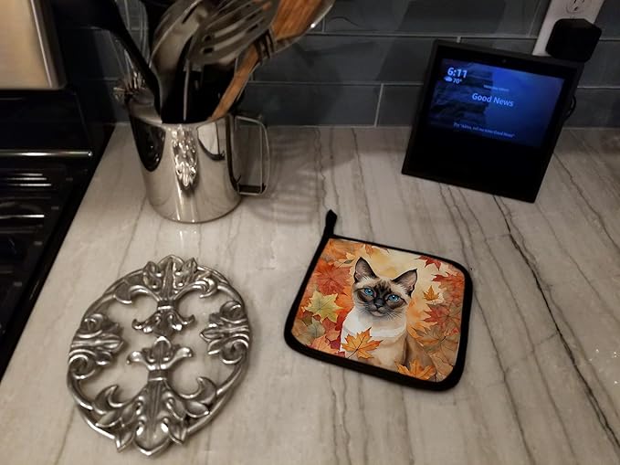 Caroline's Treasures Siamese Cat in Fall Leaves Pair of Pot Holders Kitchen Heat Resistant Pot Holders Sets Oven Hot Pads for Cooking Baking BBQ, 7 1/2 x 7 1/2