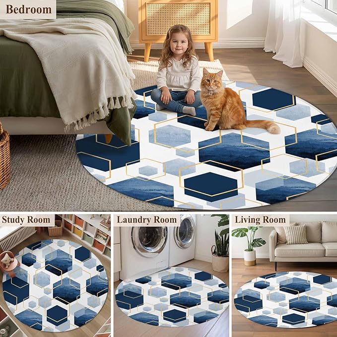 Washable Round Area Rug Watercolor Blue Hexagon Circle Rugs Floor Carpet for Living Room Bedroom, Abstract Geometric Art Soft Non Slip Round Rug 4ft