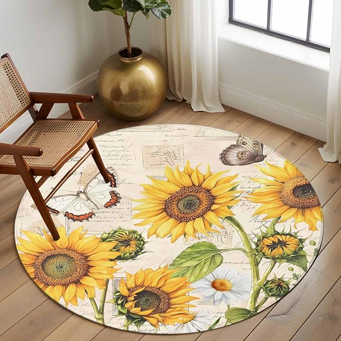 Sunflower Farmhouse 7ft Round Rug, Retro Floral Butterflies Non-Skid Rubber Backing Large Area Rugs - Living Room Bedroom Home Office, Spring Summer Indoor Floor Mat Carpets Washable Rug