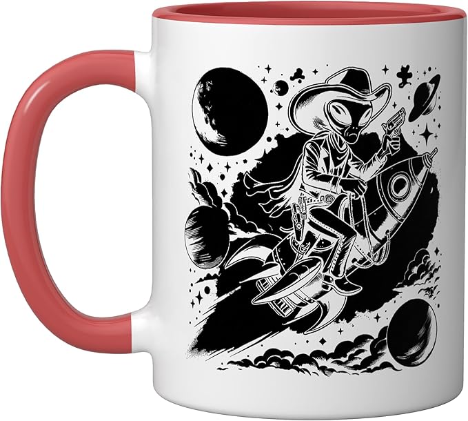 Alien Lover Flying Saucer UFO Extraterrestrial Cowboy Ceramic Mug, Red/White