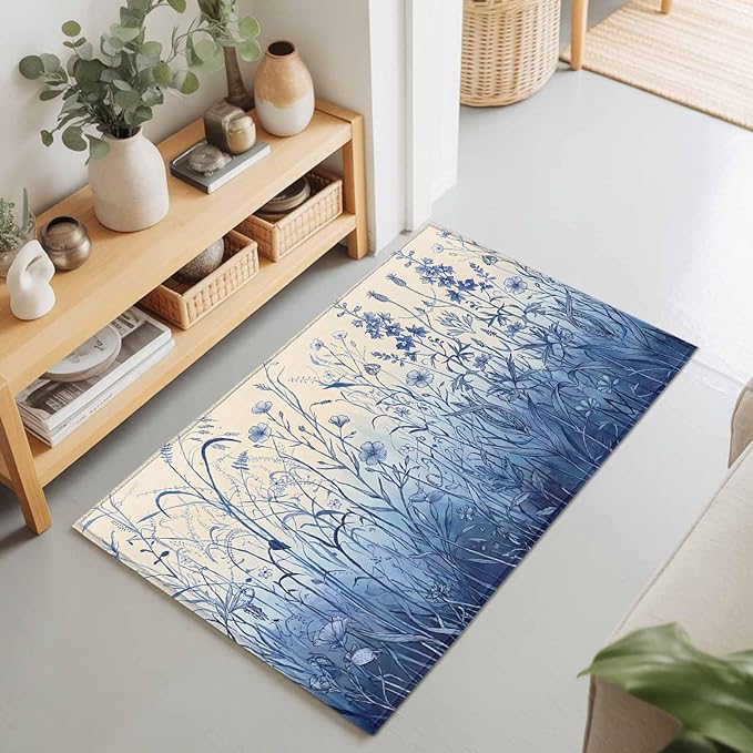 Area Rug 2x3ft, Vintage Boho Blue Wildflowers Meadow Washable Rugs for Living Room Bedroom, Abstract Flower Soft Non-Slip Area Rugs Rectangle Floor Carpet for Dining Room