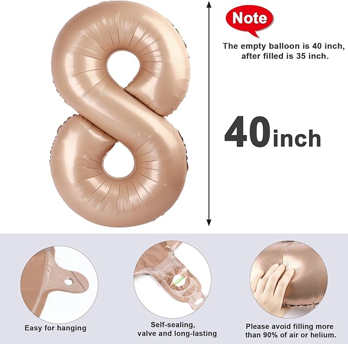 40 Inch Number 8 Balloon, Light Brown 8 18 28 80 Birthday Balloons for Men Boys, 8th Birthday Decorations Party Supplies, Wedding, Graduations