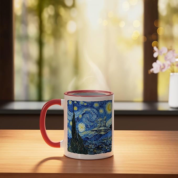Aliens Saucer UFO Extraterrestrial Fun Starry Night Van Gogh Ceramic Mug, Red/White