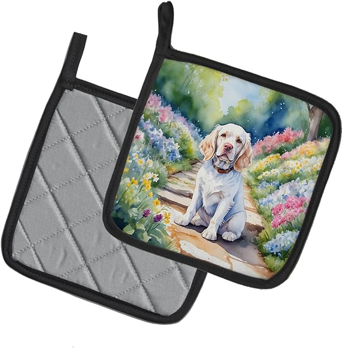 Caroline's Treasures Clumber Spaniel Spring Path Pair of Pot Holders Kitchen Heat Resistant Pot Holders Sets Oven Hot Pads for Cooking Baking BBQ, 7 1/2 x 7 1/2
