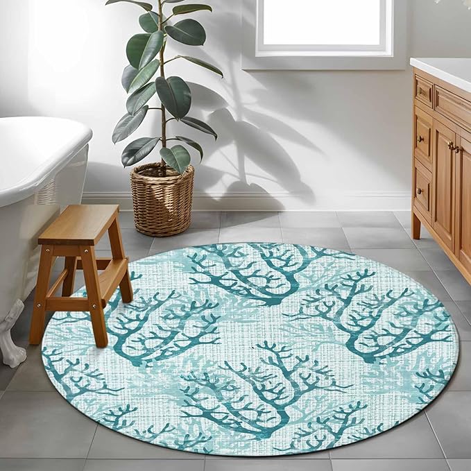 Washable Round Area Rug Coastal Sea Coral Retro Linen Circle Rugs Floor Carpet for Living Room Bedroom, Underwater Ocean Life Soft Non Slip Round Rug 3ft