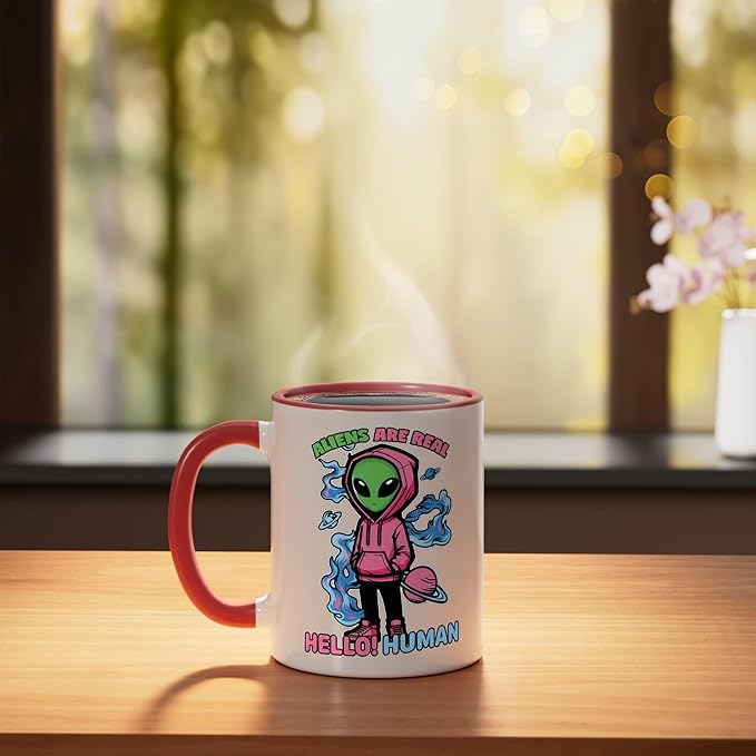 Aliens Are Real UFO Flying Saucer Grey Alien Sci-Fi Art Ceramic Mug, Red/White