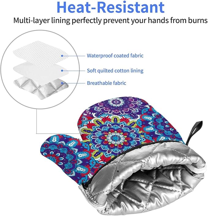 Boho Floral Oven Mitts of 2 Pack, Funny Kitchen Gloves Heat Resistant Non-Slip Kitchen Mitts for Cooking Baking Grilling