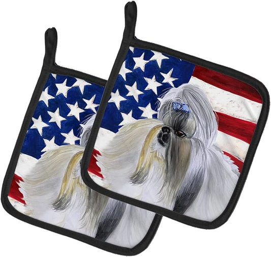 Caroline's Treasures BB9666PTHD Shih Tzu Patriotic Pair of Pot Holders Kitchen Heat Resistant Pot Holders Sets Oven Hot Pads for Cooking Baking BBQ, 7 1/2 x 7 1/2