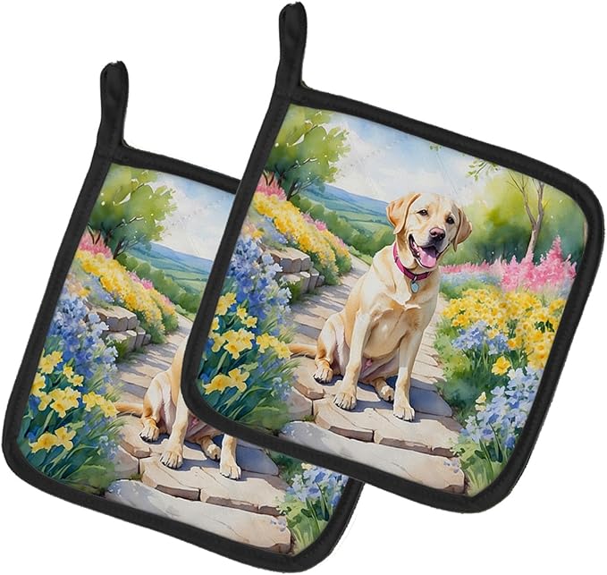 Caroline's Treasures Labrador Retriever Spring Path Pair of Pot Holders Kitchen Heat Resistant Pot Holders Sets Oven Hot Pads for Cooking Baking BBQ, 7 1/2 x 7 1/2