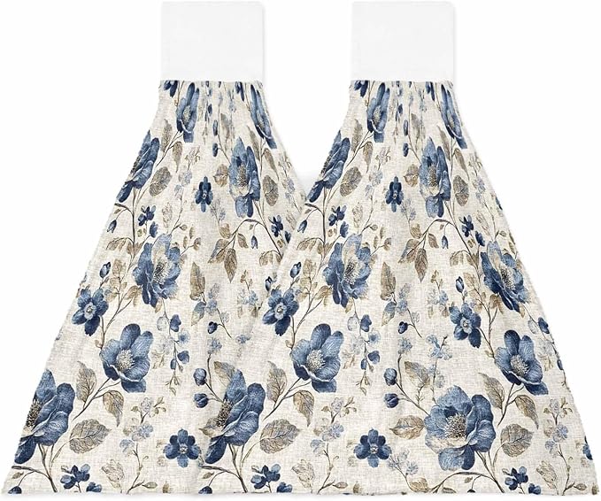 Alandar Home Kitchen Tie Towel Set of 2, Vintage Blue Blossom Flower Art Absorbent Soft Hand Towels for Bathroom Hanging Towels, Floral Leaves on Burlap Fast Drying Cleaning Cloth with Loop
