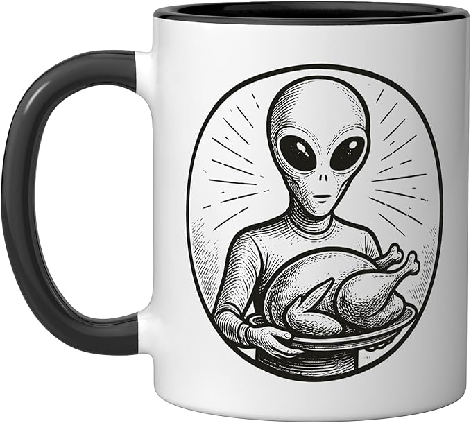 Alien with Thanksgiving Turkey Ceramic Mug, Black/White