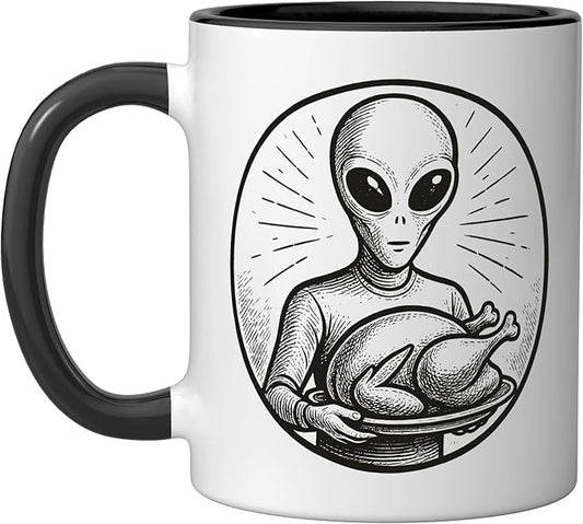 Alien with Thanksgiving Turkey Ceramic Mug, Black/White