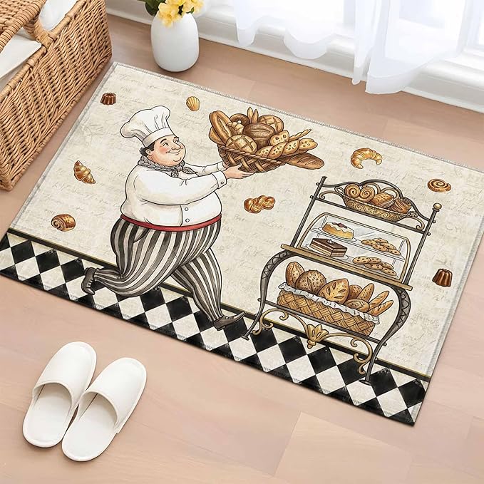 Area Rug 2x3ft, Farmhouse Kitchen Baker Bread Washable Rugs for Living Room Bedroom, Vintage Black Plaid Soft Non-Slip Area Rugs Rectangle Floor Carpet for Dining Room